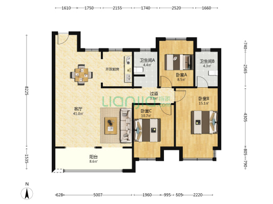 国贸中南梧桐原 3室1厅2卫 115平方