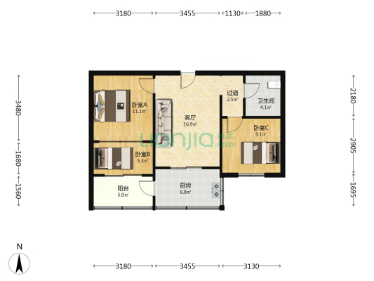 张家村小区 3室1厅1卫 70平方