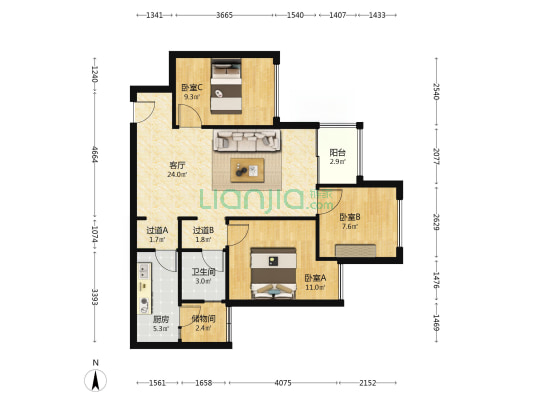 金地自在城锦苑 3室1厅1卫 85平方