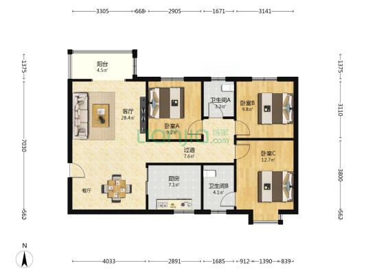 金纺佳苑南区 3室1厅2卫 110平方