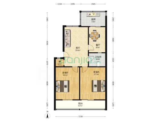 青年二巷1号院 2室2厅1卫 93平方