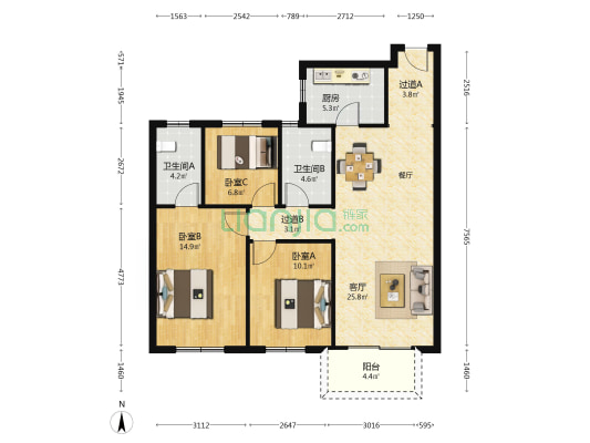 运河印象花园 3室1厅2卫 113平方