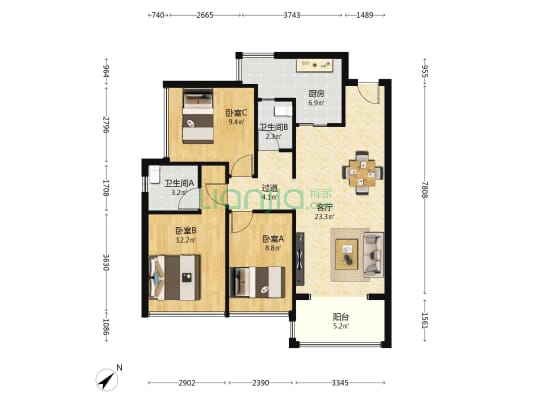 海峦坊 3室1厅2卫 96平方