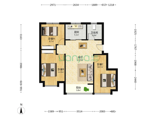 远洋万和府 3室1厅1卫 88平方