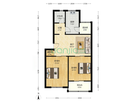 平福里 2室1厅1卫 85平方