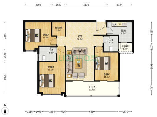 览月阁 3室1厅2卫 135平方