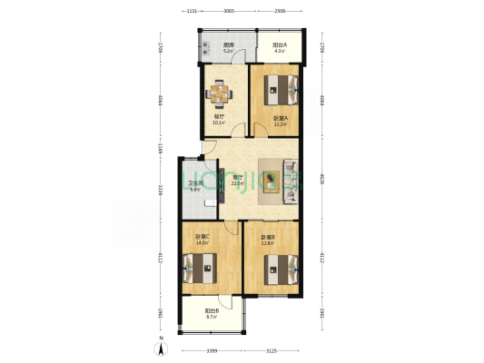 岔路街13号 3室2厅1卫 109平方