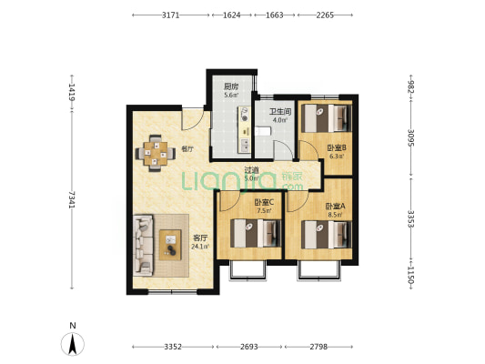 华航山海湖 3室1厅1卫 91平方