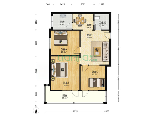 爱知中学家属区 3室2厅1卫 94平方