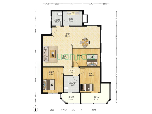 开关厂宿舍小区 3室2厅2卫 127平方