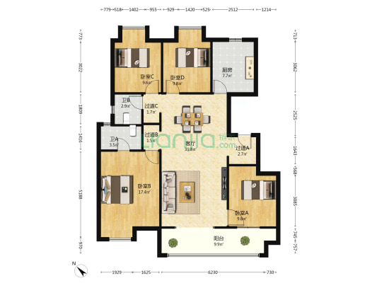 绿地城太白湖畔F区 4室1厅2卫 135平方