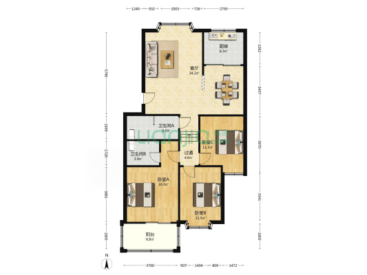 金色雅居南区 3室1厅2卫 123平方