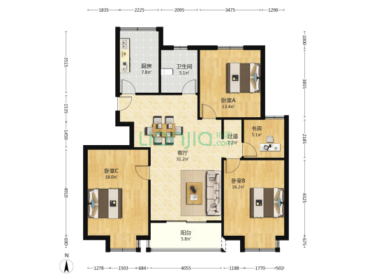 新天地小区 4室1厅1卫 132平方