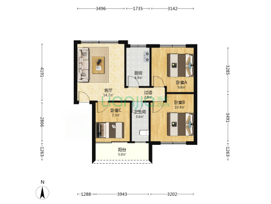 联合新村 3室1厅1卫 73平方