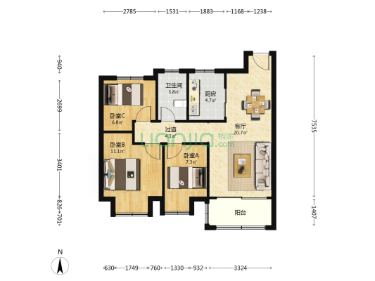 海伦堡云璟台 3室1厅1卫 91平方