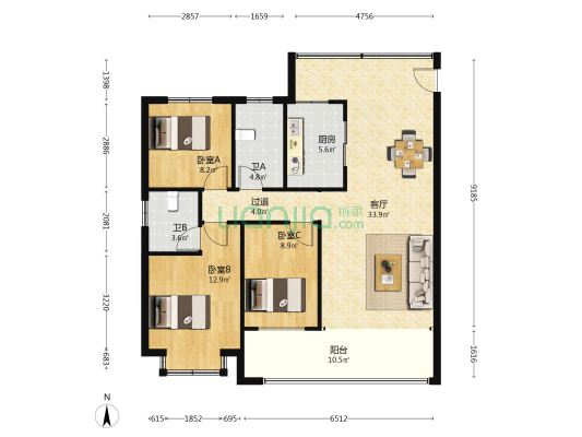 状元城 3室1厅2卫 120平方