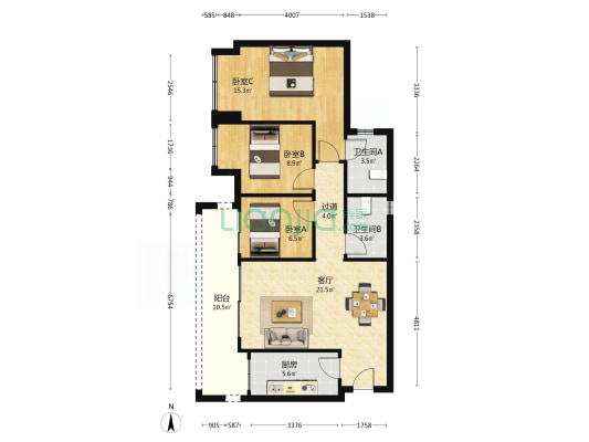 泊云府 3室1厅2卫 88平方