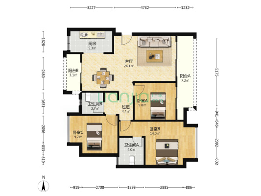 保利大国璟天麓 3室1厅2卫 99平方
