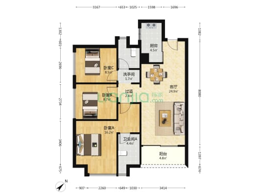 卓越誉珑 3室1厅3卫 98平方