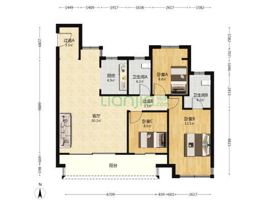 绿地琥珀澜庭 3室1厅2卫 111平方