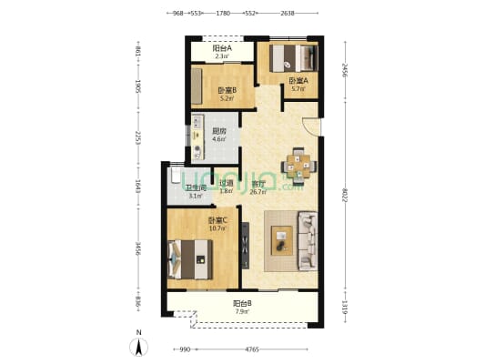 绿都元正望晴川峯上 3室1厅1卫 97平方