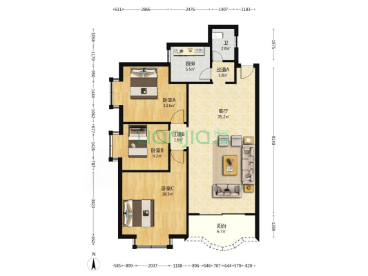 泽河花园 3室1厅1卫 105平方