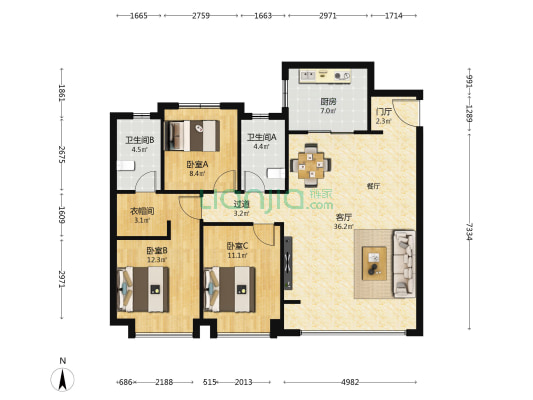 融创时代奥城DK5 3室1厅2卫 129平方