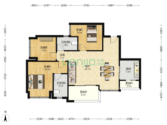 万科金开悦府翠悦 3室1厅2卫 101平方