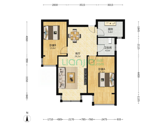 创新北里 2室1厅1卫 98平方