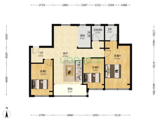 山水泉城尚城二期 3室1厅2卫 125平方