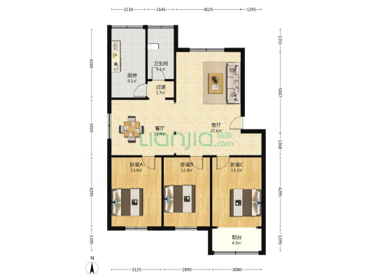 龙苑花园 3室2厅1卫 128平方