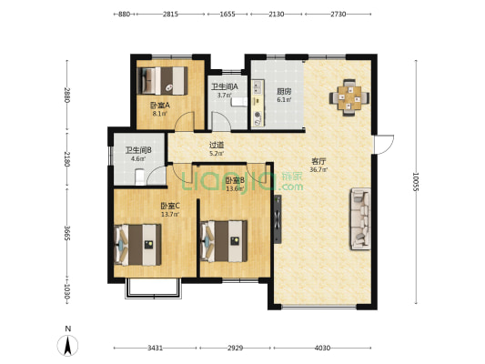 置地天中第一城上河苑 3室1厅2卫 132平方