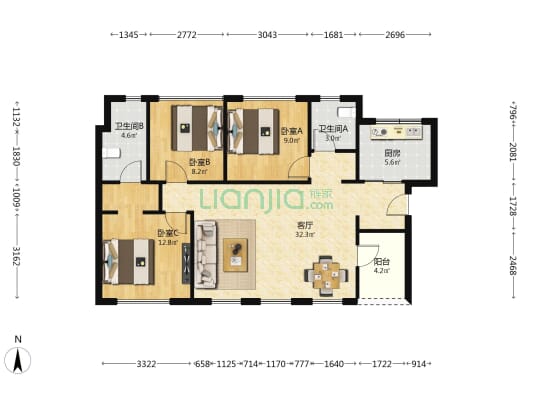 万科翡丽郡三期 3室1厅2卫 88平方