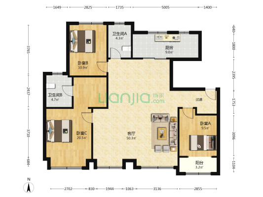济南中麓府 3室1厅2卫 143平方