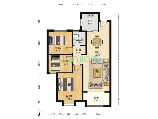 南飞鸿天锦 3室1厅1卫 80平方