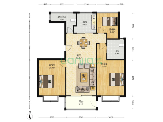 岳阳尚品花苑 3室1厅2卫 126平方