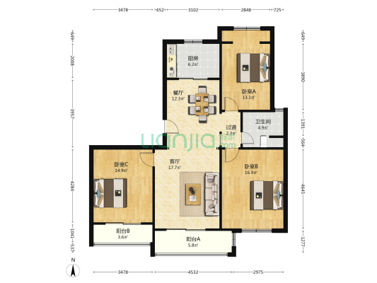 百隆商业广场 3室2厅1卫 120平方