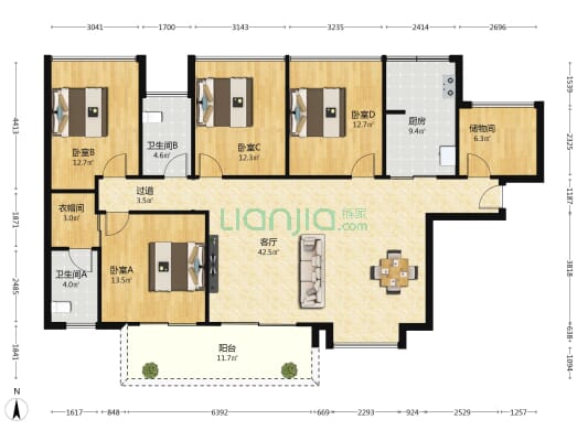 联投东方华府一期 4室1厅2卫 141平方