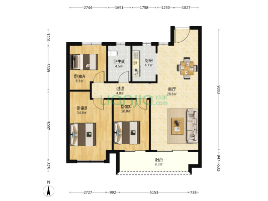 瑞源名嘉荷府 3室1厅1卫 111平方