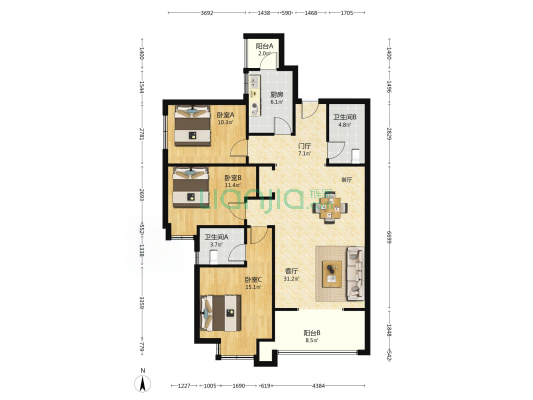 铭城东区 3室1厅2卫 133平方