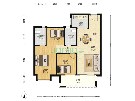 天纵时代天樾 3室1厅2卫 105平方