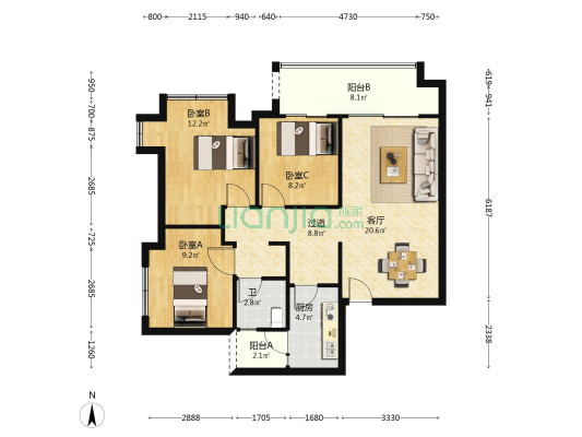 公园九里玺悦B区 3室1厅1卫 103平方