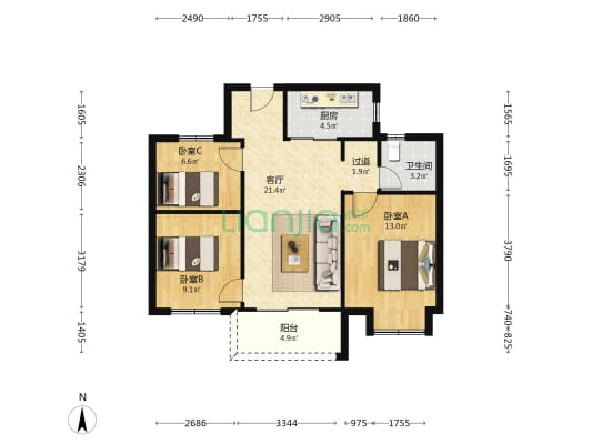 耀海苑北区 3室1厅1卫 84平方