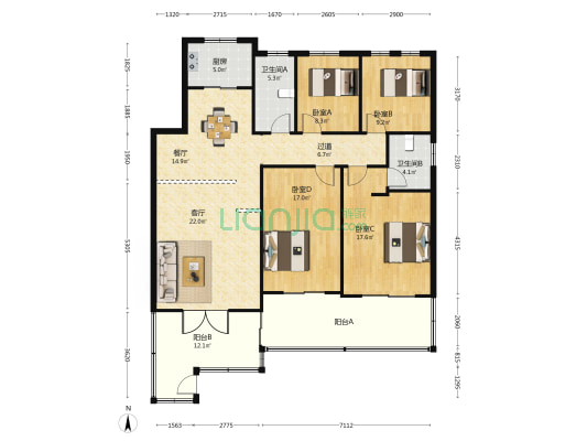 滨湖国际 4室2厅2卫 125平方