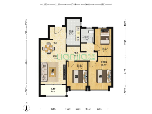 融创东方宸院 3室1厅1卫 100平方