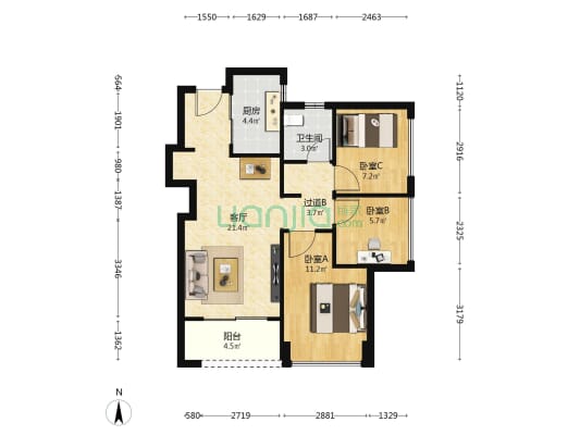 凤鸣水岸花园 3室1厅1卫 75平方