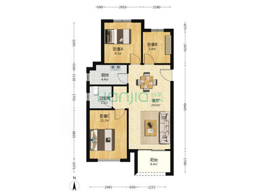朗悦悦融苑 3室1厅1卫 87平方