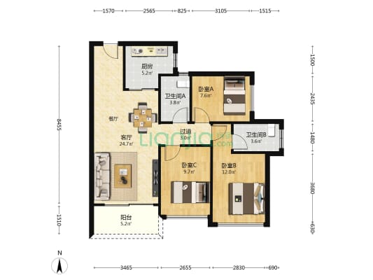 星河天地公馆 3室1厅2卫 95平方