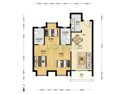 金辉世界城 3室1厅2卫 98平方