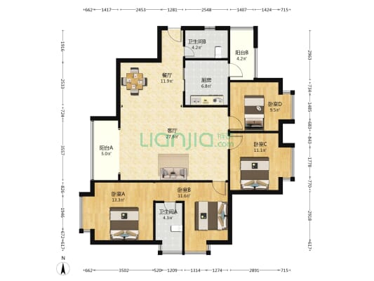 圆龙园 4室2厅2卫 131平方
